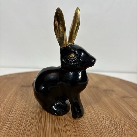 Black Brass Rabbit Hare Bronze Gold Ears MCM 4 3/4" Tall Bunny Retro Vintage - Picture 1 of 12